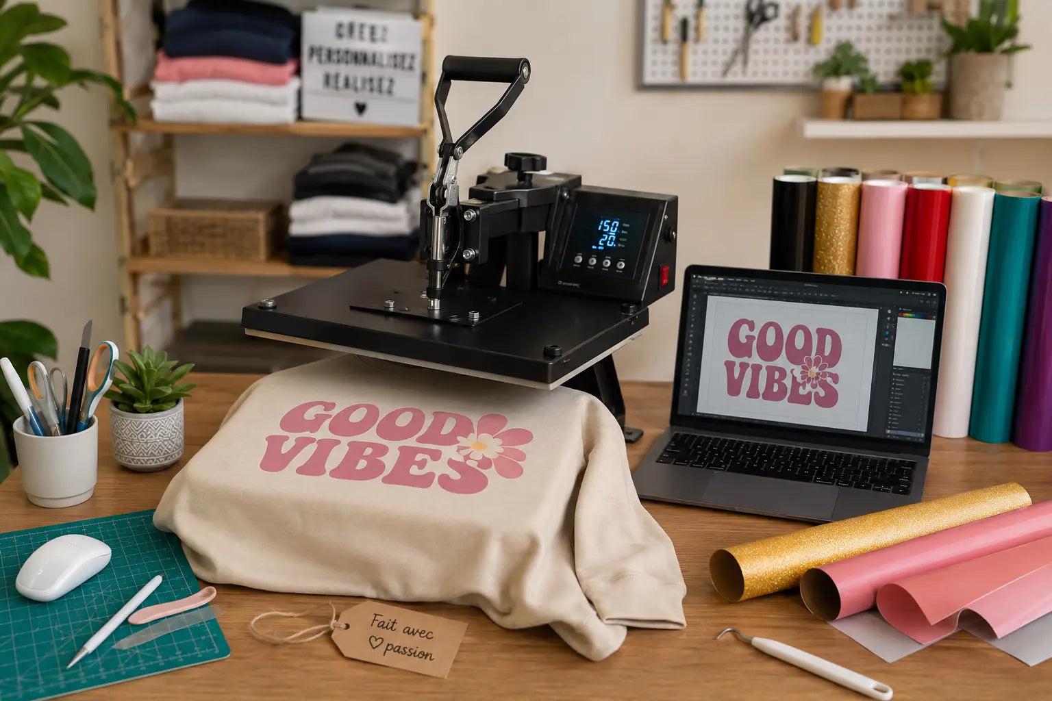 Atelier de personnalisation textile avec presse à chaud et flex thermocollant pour polyester