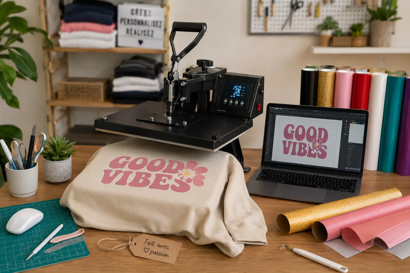Atelier de personnalisation textile avec presse à chaud et flex thermocollant pour polyester
