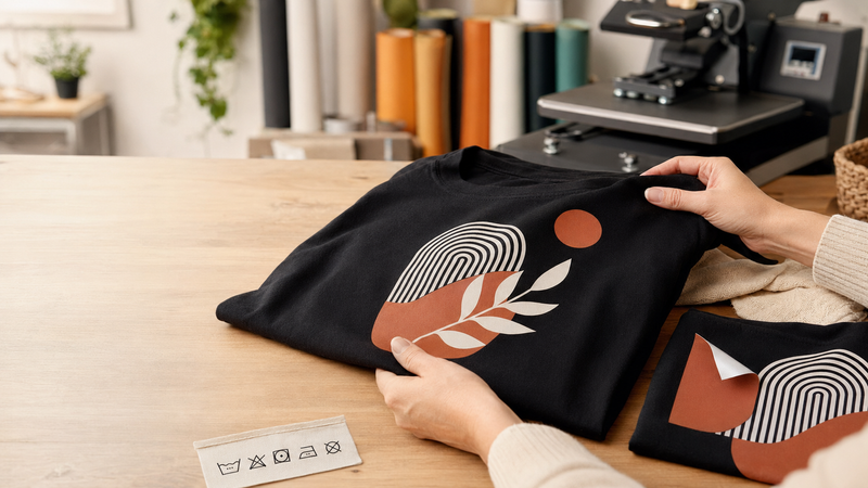 Flex thermocollant bien fixé et exemple de motif décollé après lavage dans un atelier textile