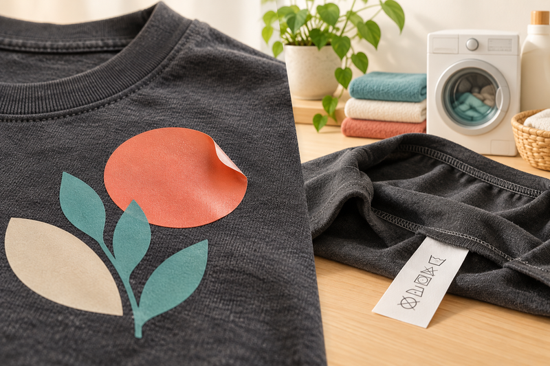 Motif thermocollant qui se décolle sur un t-shirt après lavage, avec vêtement retourné et machine à laver en arrière-plan.