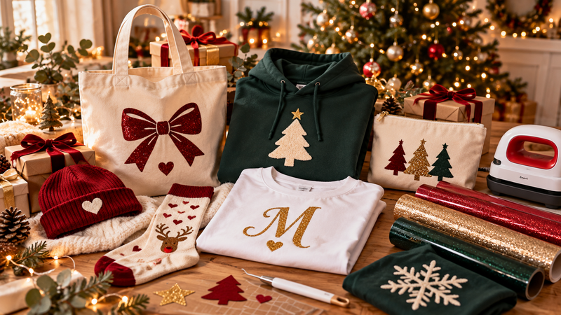 Atelier de cadeaux de Noël DIY avec tote bag à nœud pailleté, sweat personnalisé, pochette, t-shirt et rouleaux de flex thermocollant