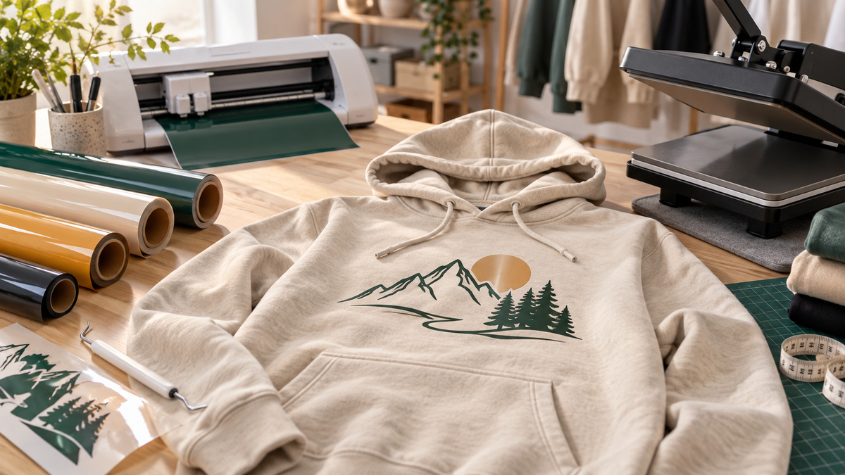 Sweat à capuche beige avec motif montagne en flex thermocollant, rouleaux de flex, machine de découpe et presse à chaud dans un atelier textile