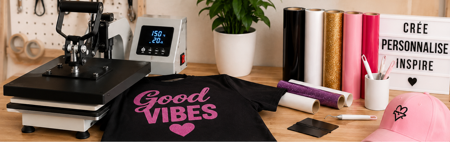 Atelier de personnalisation textile avec presse à chaud, t-shirt personnalisé et rouleaux de flex thermocollant